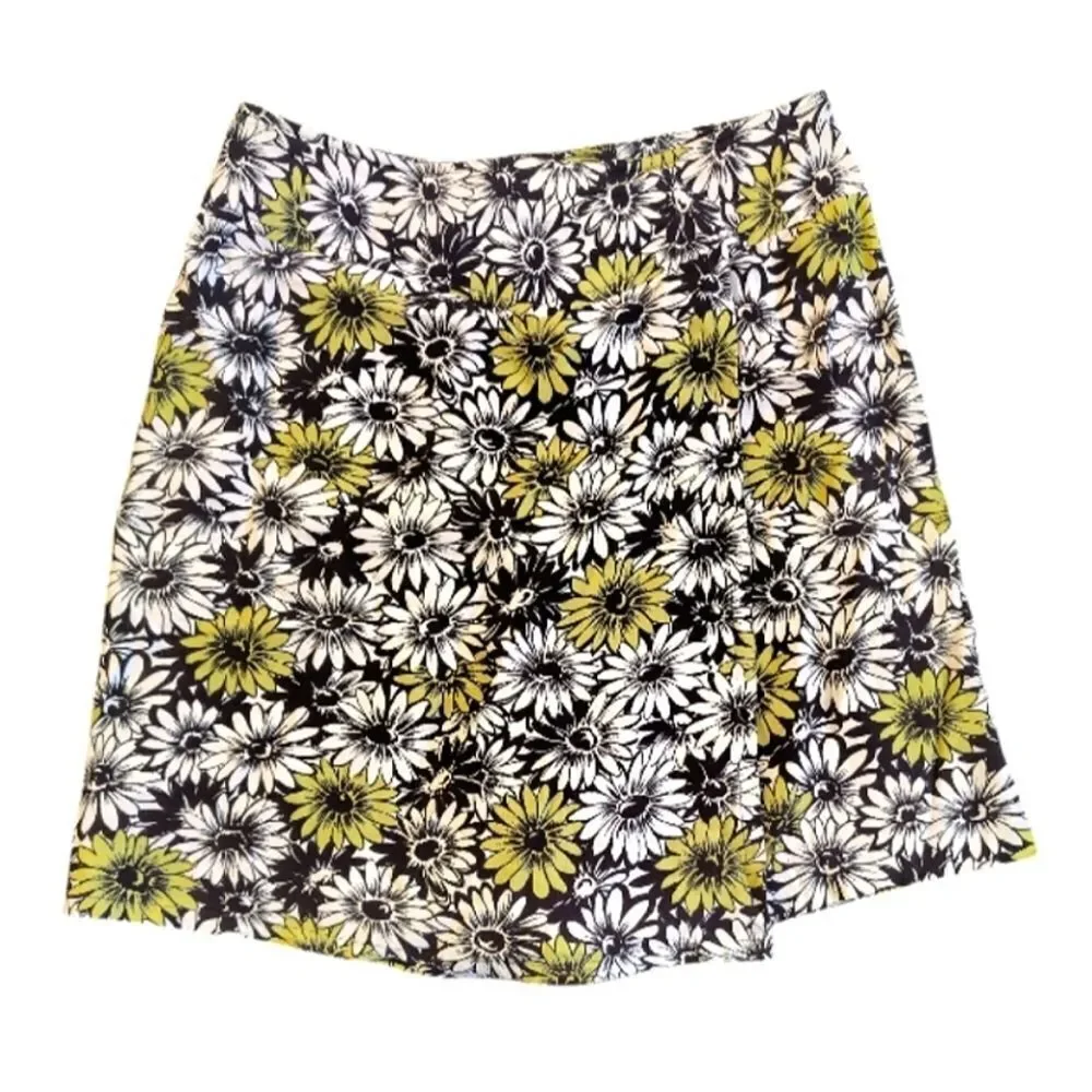 VTG 80s Floral Wrap Skort High Waist‎ Yellow Black White Rayon SZ 14 *Medium